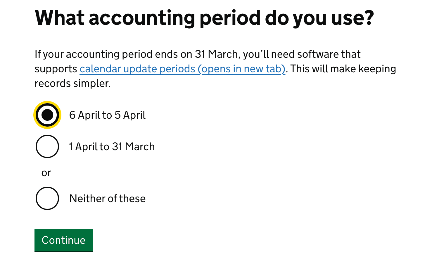 HMRC finder tool accounting period selection - tax year or custom accounting period